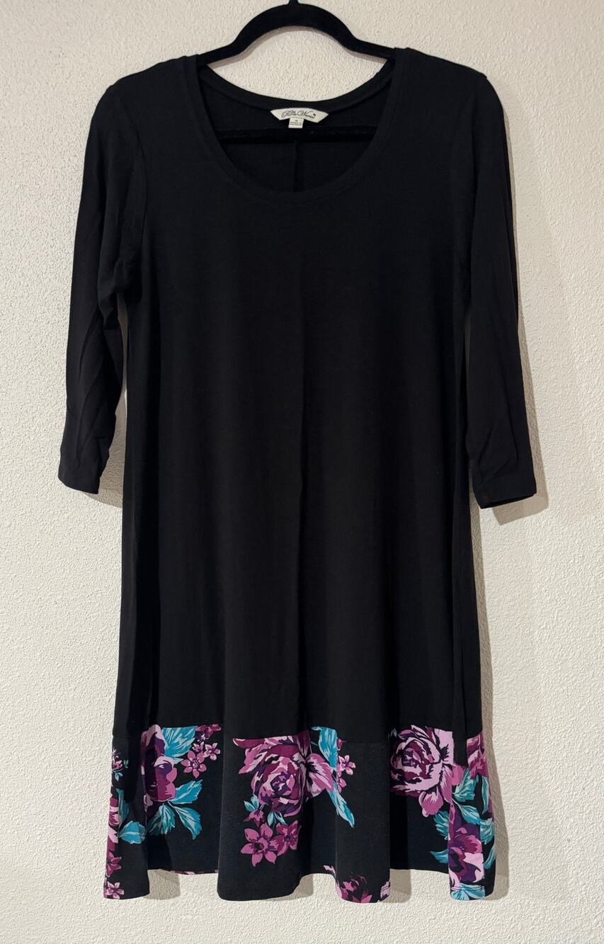 The Pioneer Woman Black Multicolor Floral Border Print 3/4-Sleeve A-Line Dress